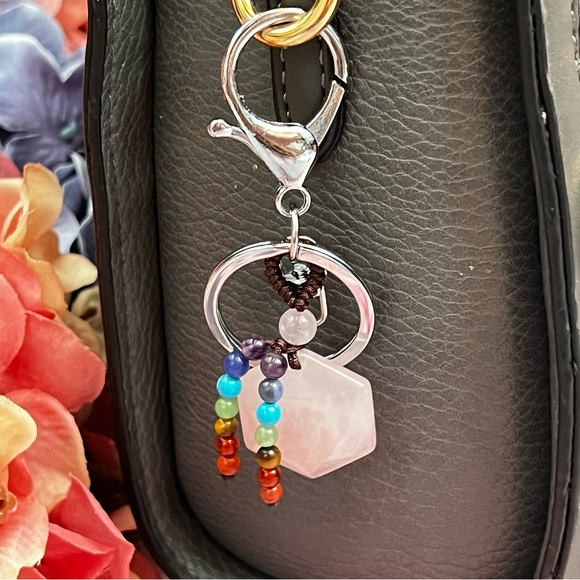 Natural Rose Quartz Hexagon Stone with Rainbow Chakra Keychain Charm - Picture 2 of 14